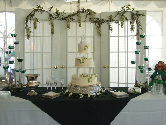 a wedding cake prepared to be cut